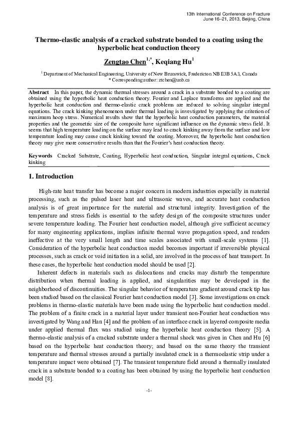 (PDF) Thermoelastic Analysis of a Cracked Substrate Bonded to a Coating ...