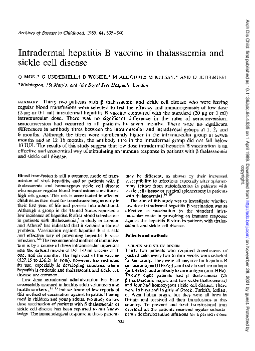 (PDF) Intradermal hepatitis B vaccine in thalassaemia and sickle cell ...