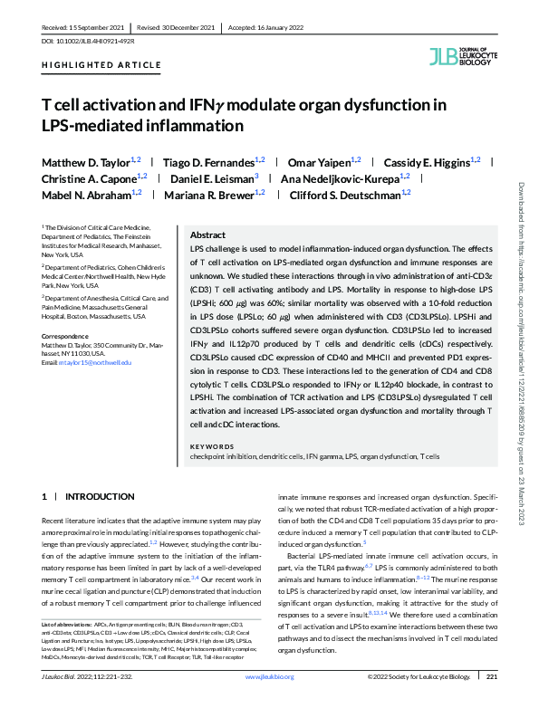 (PDF) T cell activation and IFNγ modulate organ dysfunction in LPS ...