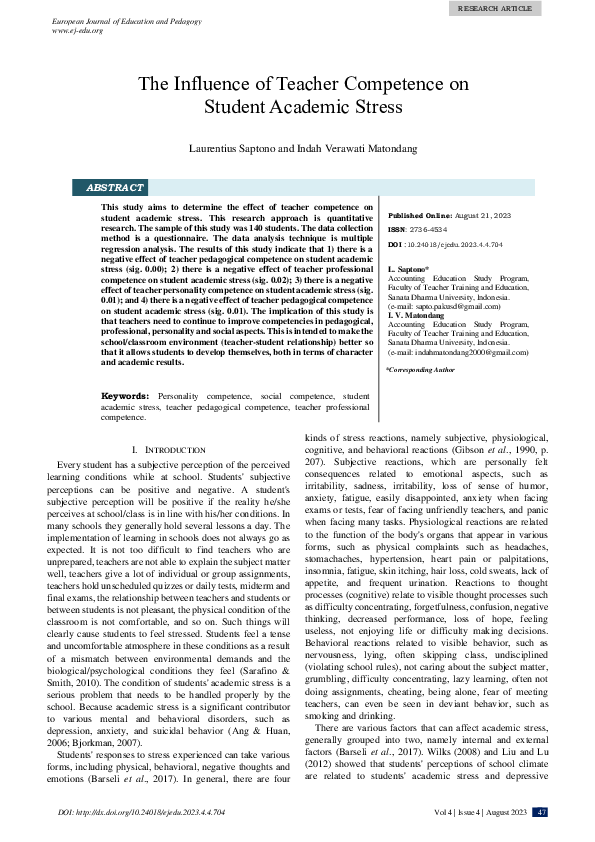 (PDF) Effect of Teacher Competence on Student Academic Stress