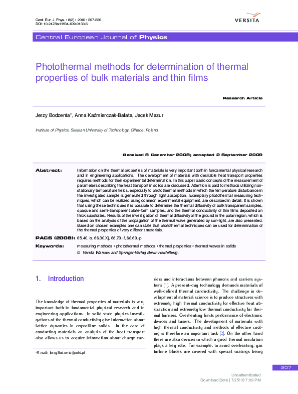 (PDF) Photothermal methods for determination of thermal properties of ...