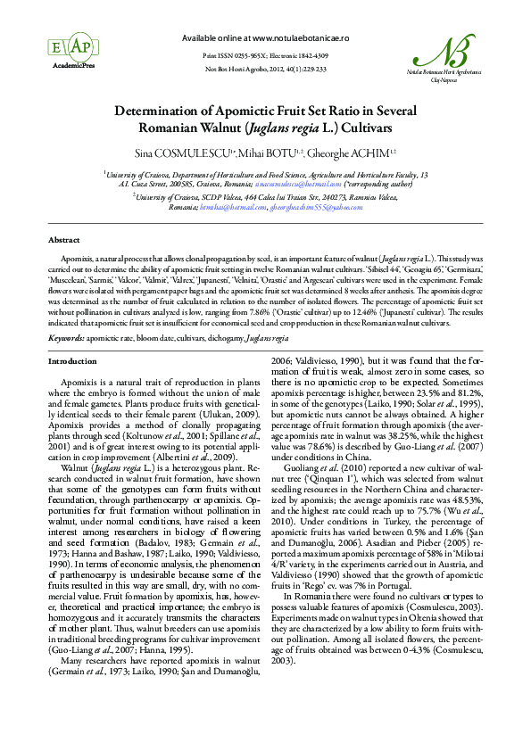 (PDF) Determination of Apomictic Fruit Set Ratio in Several Romanian ...