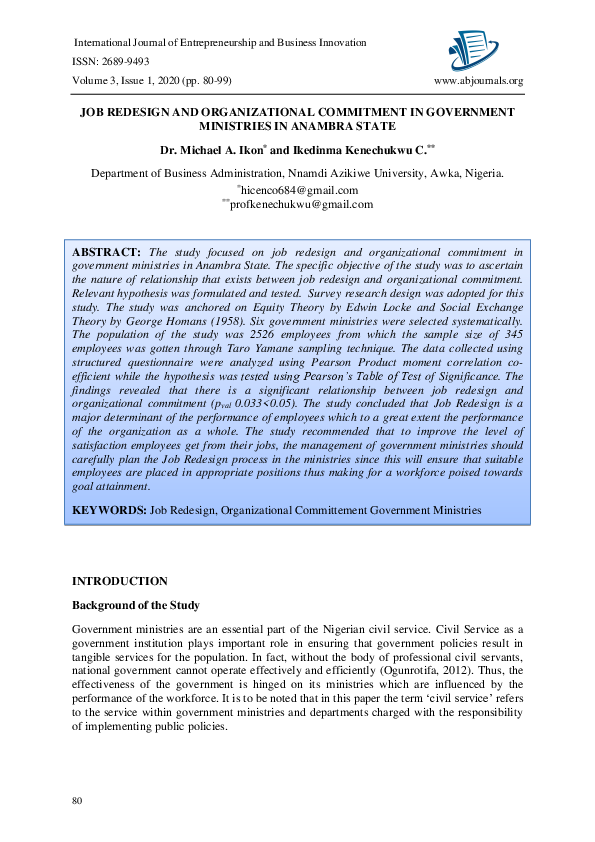 (PDF) JOB REDESIGN AND ORGANIZATIONAL COMMITMENT IN GOVERNMENT ...