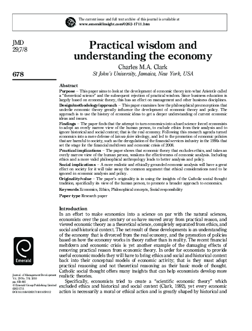 (PDF) Practical wisdom and understanding the economy