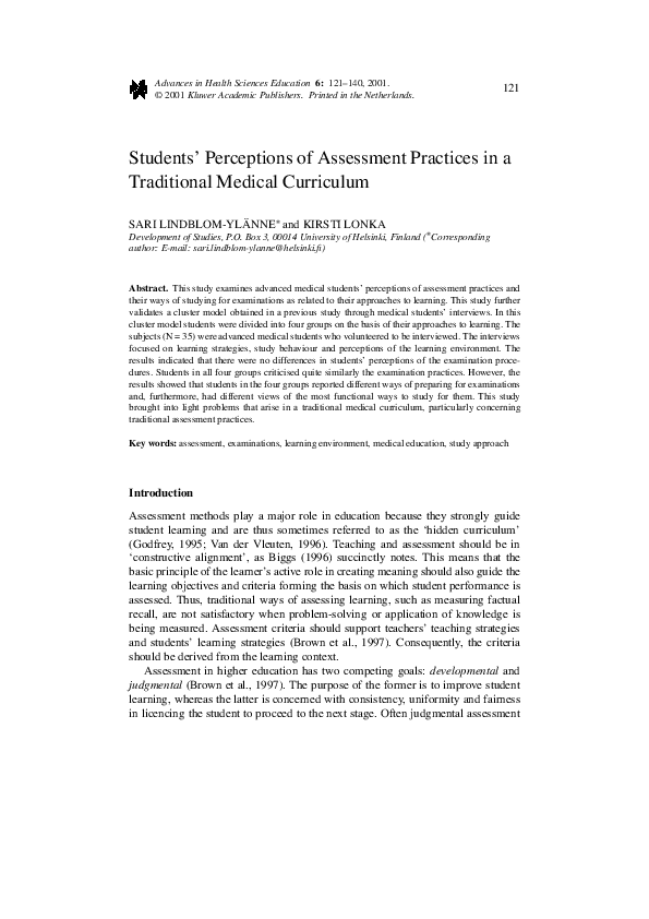 (PDF) Students' Perceptions of Assessment Practices in a Traditional ...