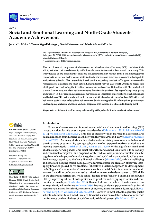 (PDF) Social and Emotional Learning and Ninth-Grade Students’ Academic ...