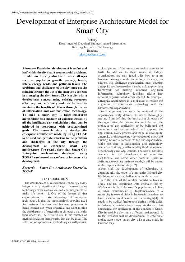 (PDF) Development of Enterprise Architecture Model for Smart City