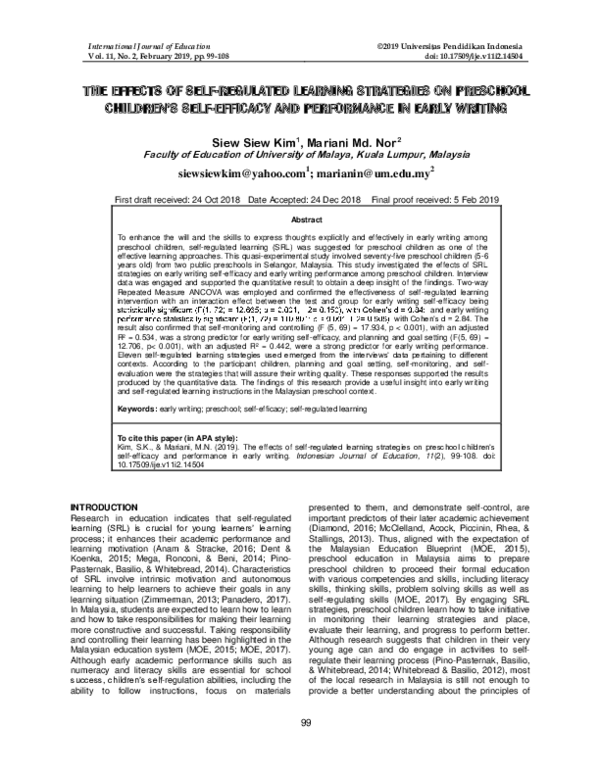 (PDF) The Effects of Self-Regulated Learning Strategies on Preschool ...