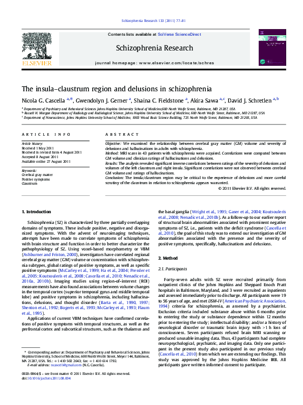 (PDF) The insula–claustrum region and delusions in schizophrenia