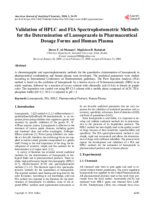 (PDF) Validation of HPLC and FIA Spectrophotometric Methods for the ...