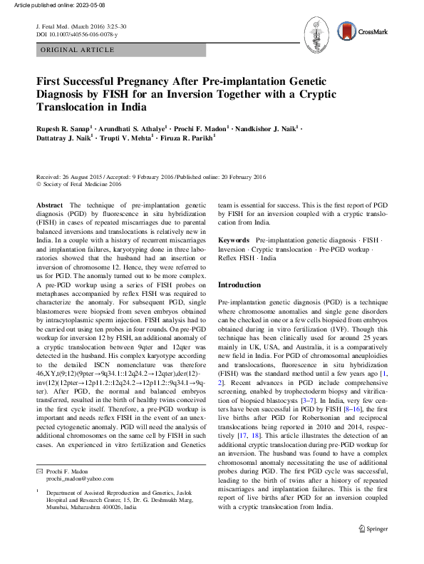 (PDF) First Successful Pregnancy After Pre-implantation Genetic ...