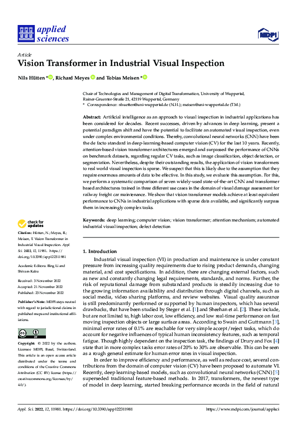 (PDF) Vision Transformer in Industrial Visual Inspection