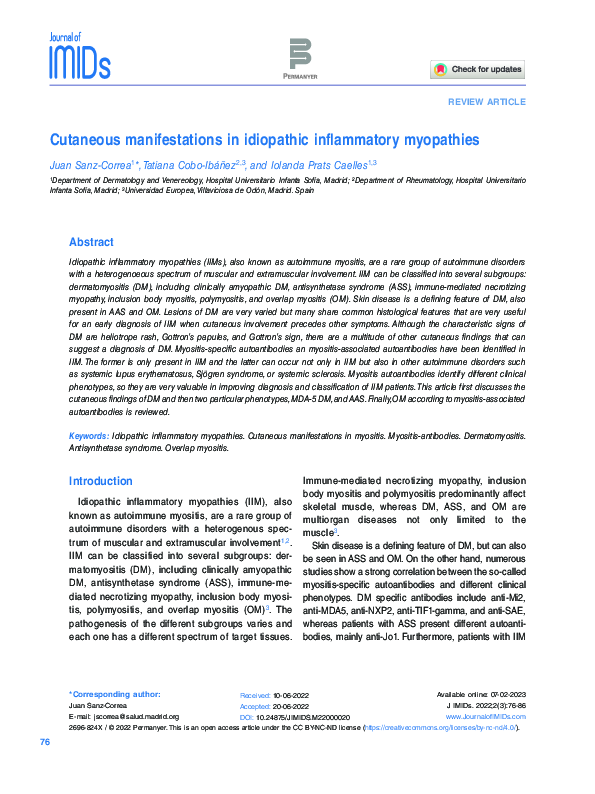 (PDF) Cutaneous manifestations in idiopathic inflammatory myopathies