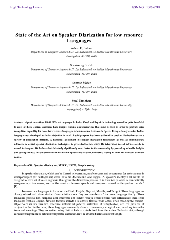 (PDF) State of the Art on Speaker Diarization for low resource Languages