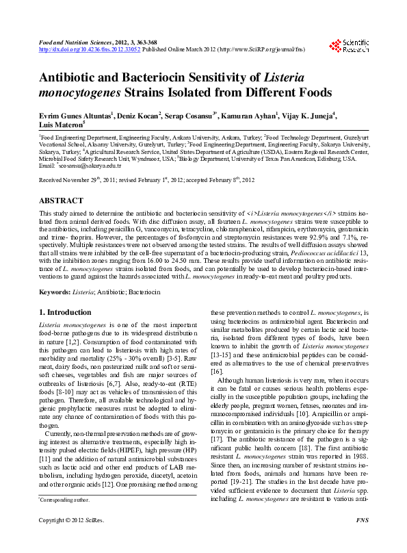 (PDF) Antibiotic and Bacteriocin Sensitivity of Listeria monocytogenes ...