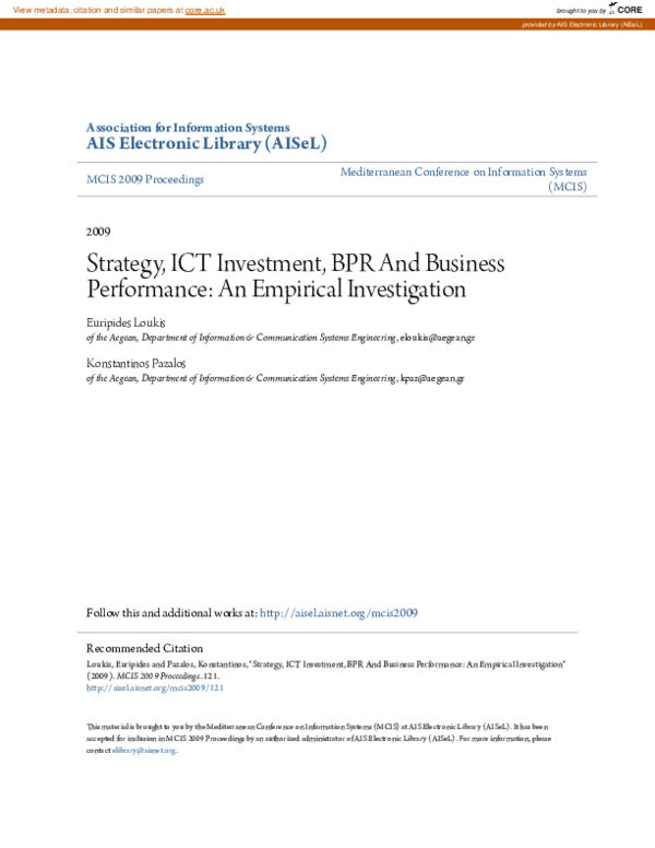 (PDF) Strategy, ICT Investment, BPR And Business Performance: An ...