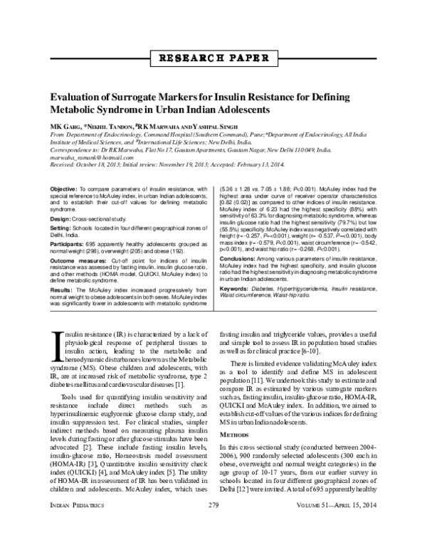 (PDF) Evaluation of surrogate markers for insulin resistance for ...