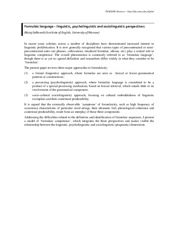 (PDF) Formulaic language – linguistic , psycholinguistic and ...