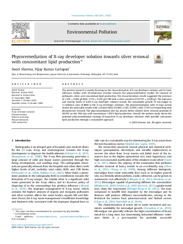 (PDF) Phycoremediation of X-ray developer solution towards silver ...