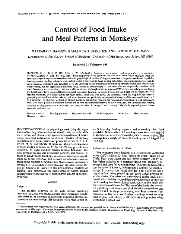 (PDF) Control of food intake and meal patterns in monkeys