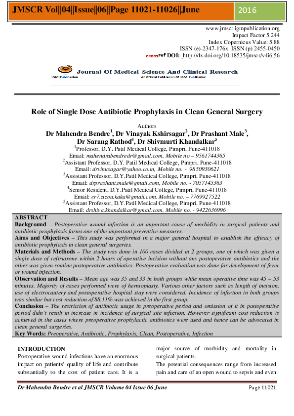 (PDF) Role of Single Dose Antibiotic Prophylaxis in Clean General Surgery