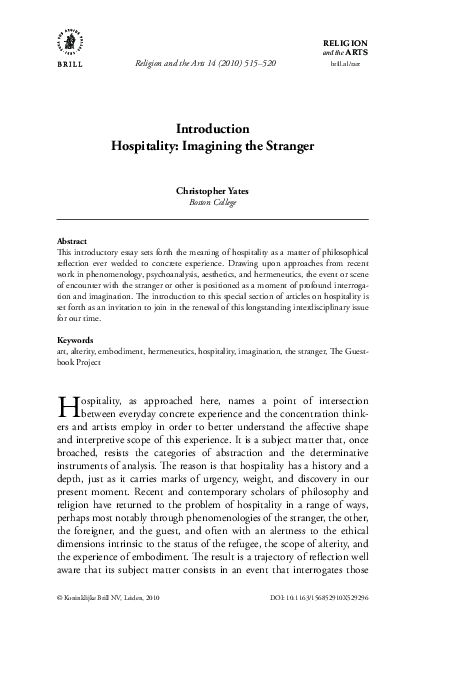 (PDF) Introduction Hospitality: Imagining the Stranger