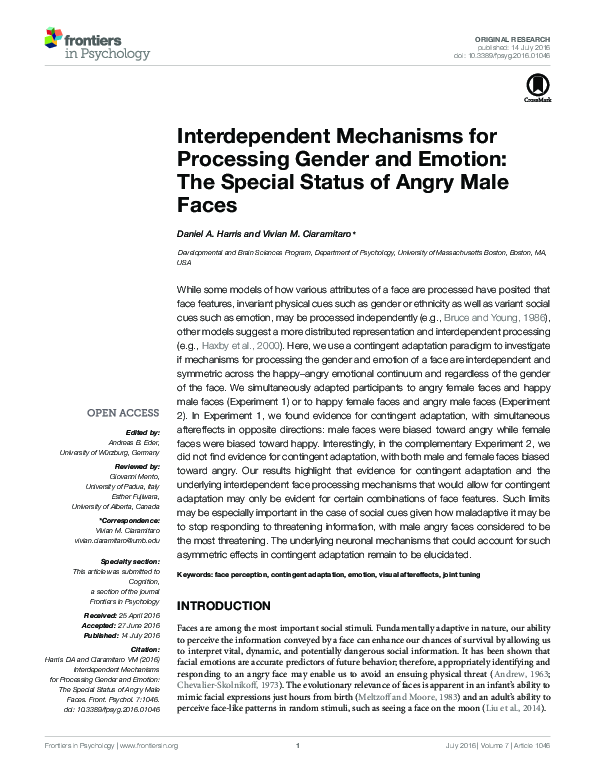 (PDF) Interdependent Mechanisms for Processing Gender and Emotion: The ...