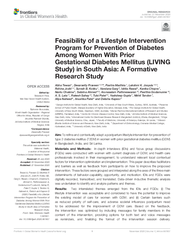 (PDF) Feasibility of a Lifestyle Intervention Program for Prevention of ...