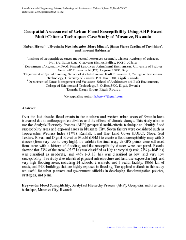 (PDF) Geospatial Assessment of Urban Flood Susceptibility Using AHP ...