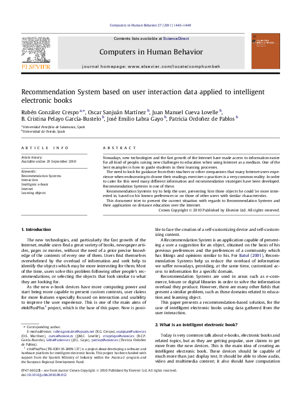 (PDF) Recommendation System based on user interaction data applied to ...