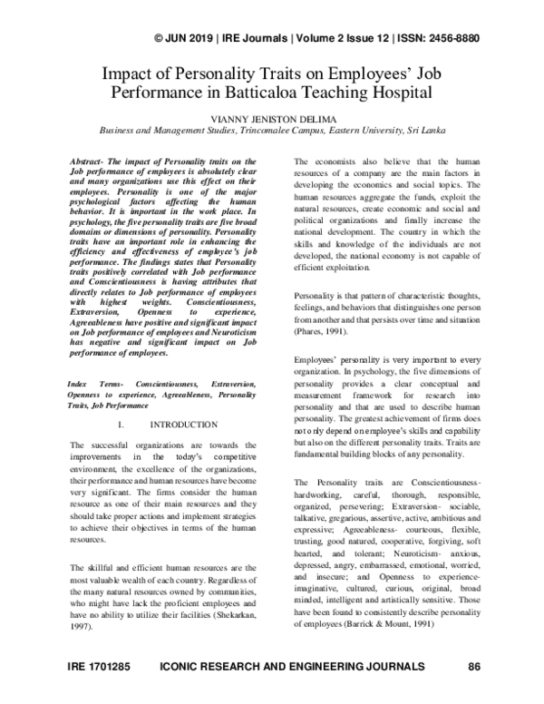 (PDF) Impact of Personality Traits on Employees’ Job Performance in ...