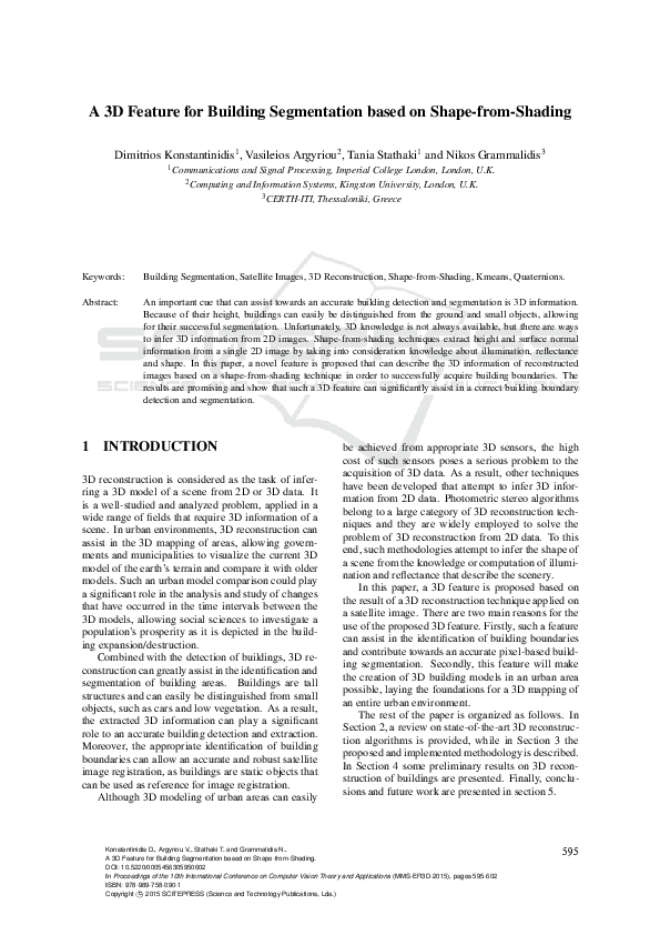 (PDF) A 3D Feature for Building Segmentation based on Shape-from-Shading