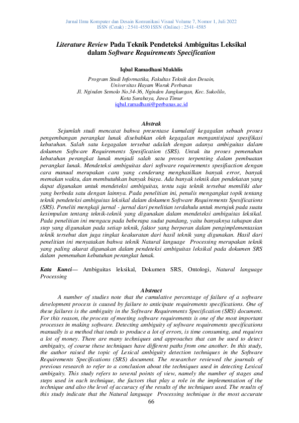 Literatur Review Pada Teknik Pendeteksi Ambiguitas Leksikal dalam Software Requirements Spesification