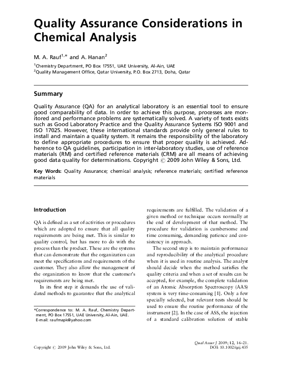 (PDF) Quality assurance considerations in chemical analysis