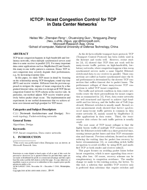 (PDF) ICTCP: Incast Congestion Control for TCP in Data-Center Networks