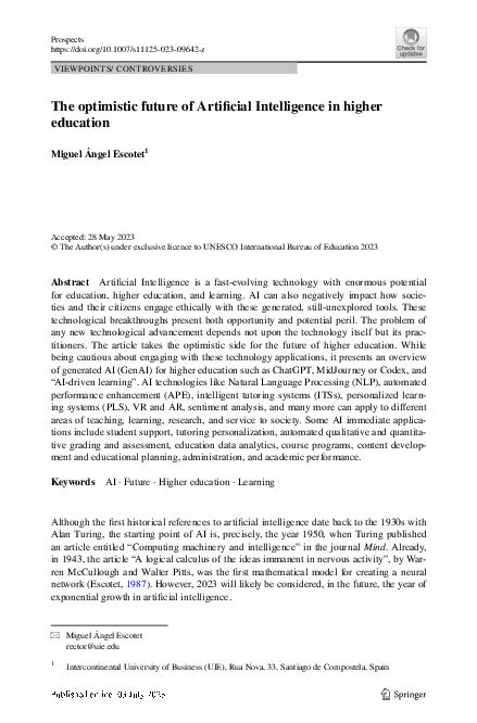 (PDF) The optimistic future of Artificial Intelligence in higher education