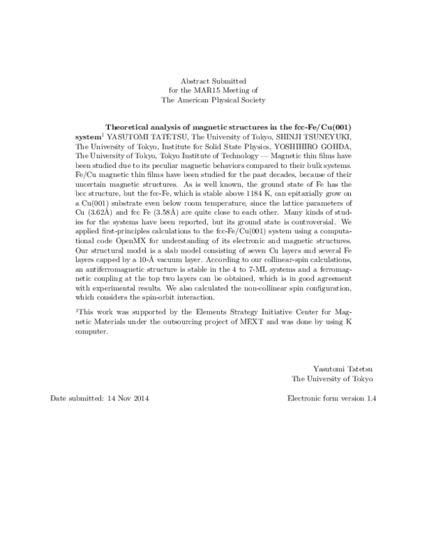 (PDF) Theoretical analysis of magnetic structures in the fcc-Fe/Cu(001 ...