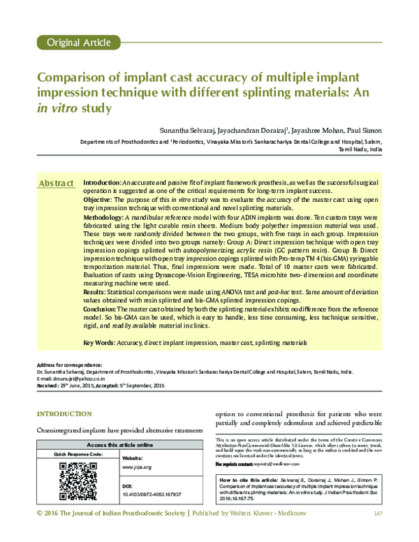 (PDF) Comparison of implant cast accuracy of multiple implant impression technique with