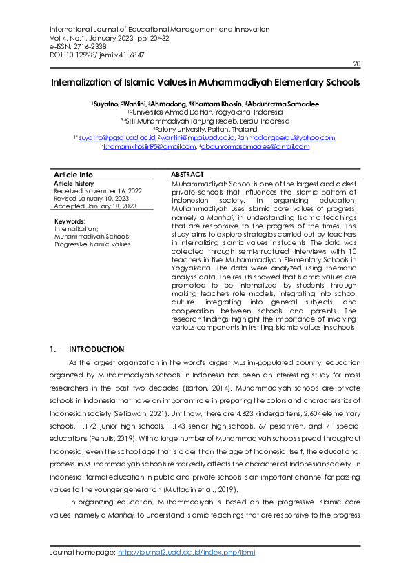 (PDF) Internalization of Islamic Values in Muhammadiyah Elementary Schools