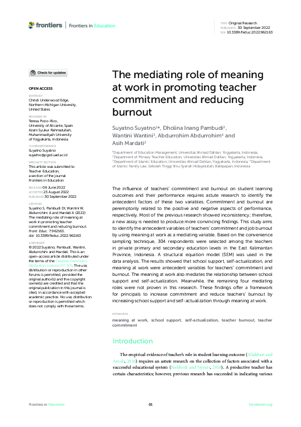 (PDF) The mediating role of meaning at work in promoting teacher ...