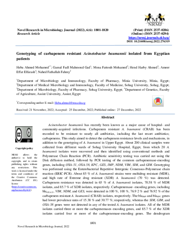 (PDF) Genotyping of carbapenem resistant Acinetobacter baumannii ...