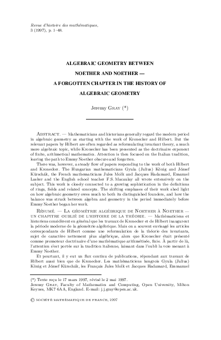 (PDF) Algebraic Geometry Between Noether and Noether — a Forgotten ...