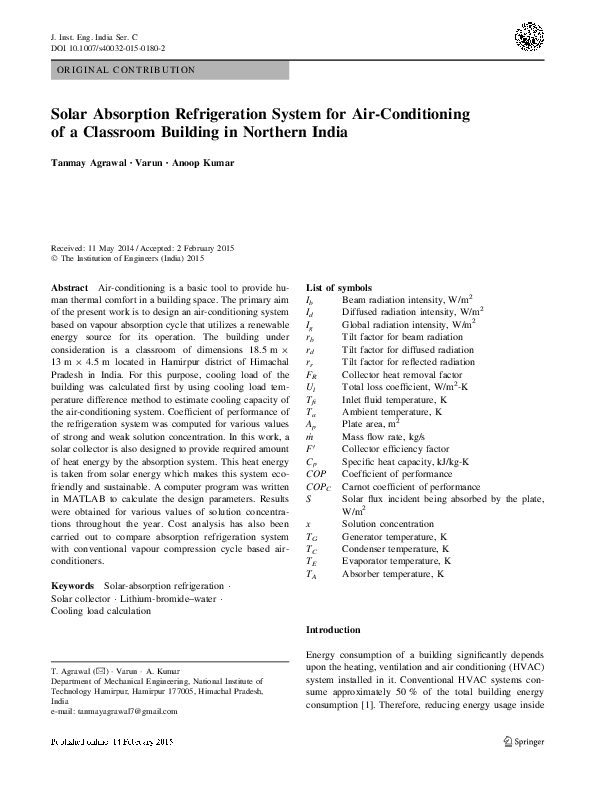 (PDF) Solar Absorption Refrigeration System for Air-Conditioning of a ...
