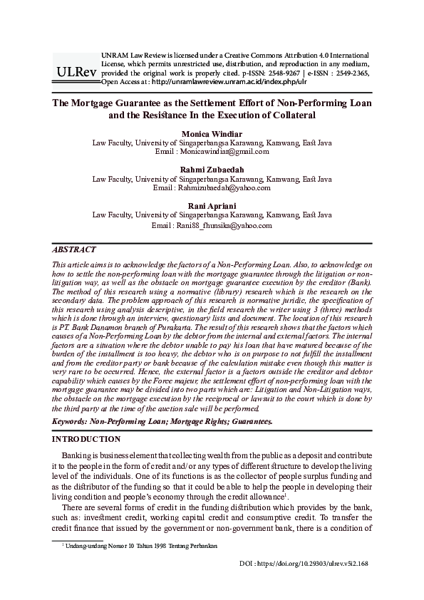 (PDF) The Mortgage Guarantee as the Settlement Effort of Non-Performing ...