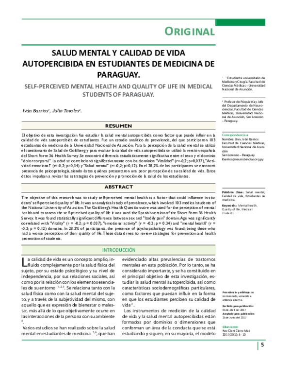 (PDF) Salud mental y calidad de vida autopercibida en estudiantes de ...
