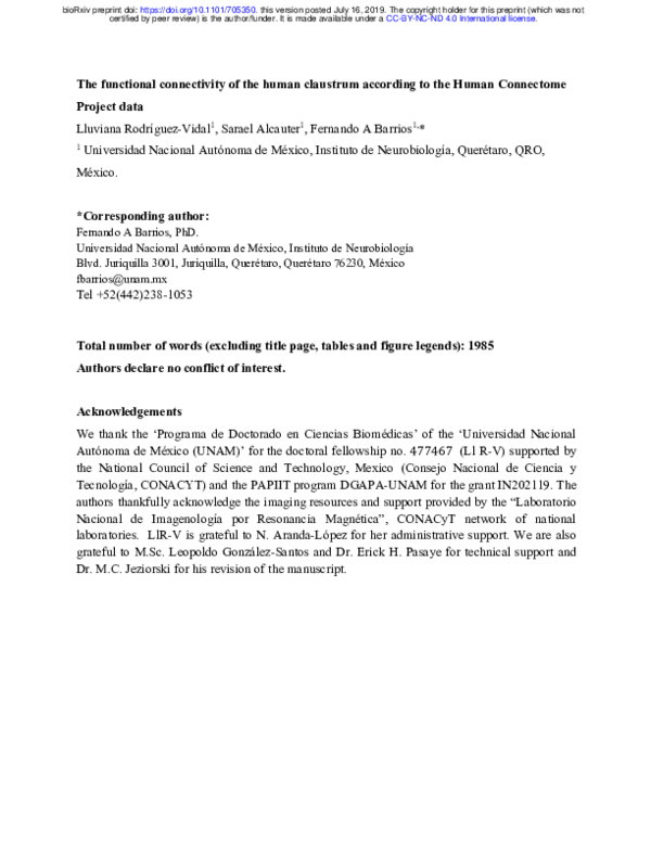 (PDF) The functional connectivity of the human claustrum according to ...
