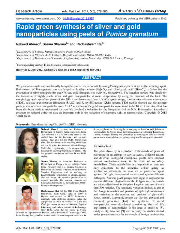 (PDF) Rapid green synthesis of silver and gold nanoparticles using ...