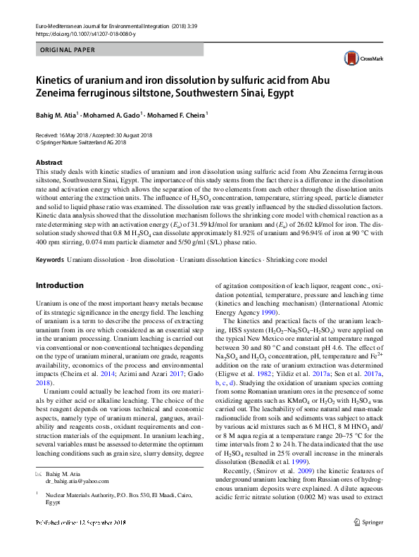 (PDF) Kinetics of uranium and iron dissolution by sulfuric acid from ...