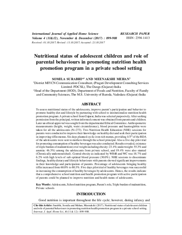 (PDF) Nutritional status of adolescent children and role of parental ...