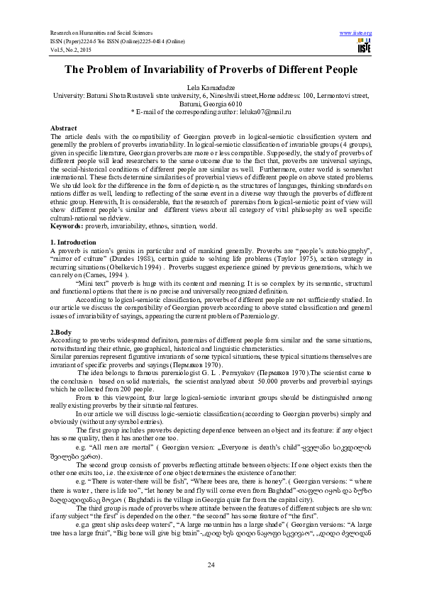(PDF) The Problem of Invariability of Proverbs of Different People